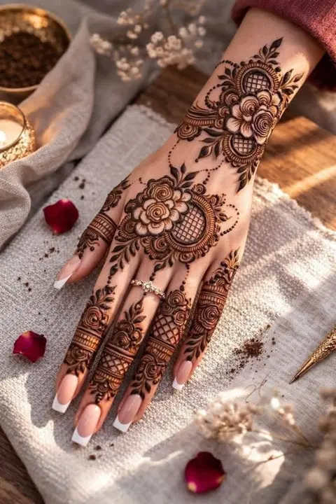 aesthetic arabic circle back hand mehndi design