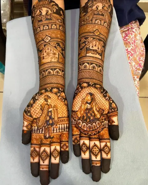 bridal indian deity back hand mehndi design