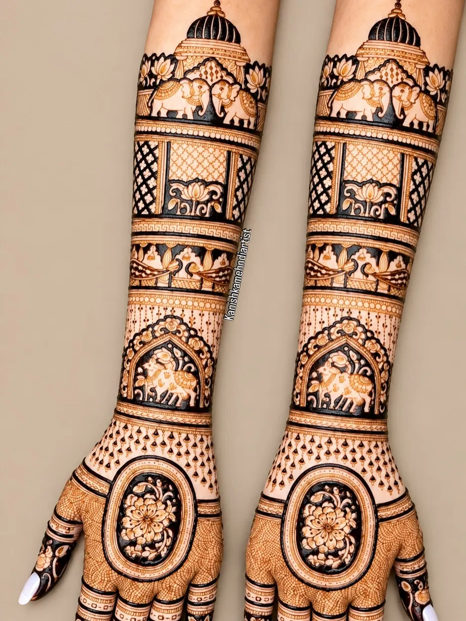 Bridal Full Hand Mehndi Design with Figures and Jaal (6)