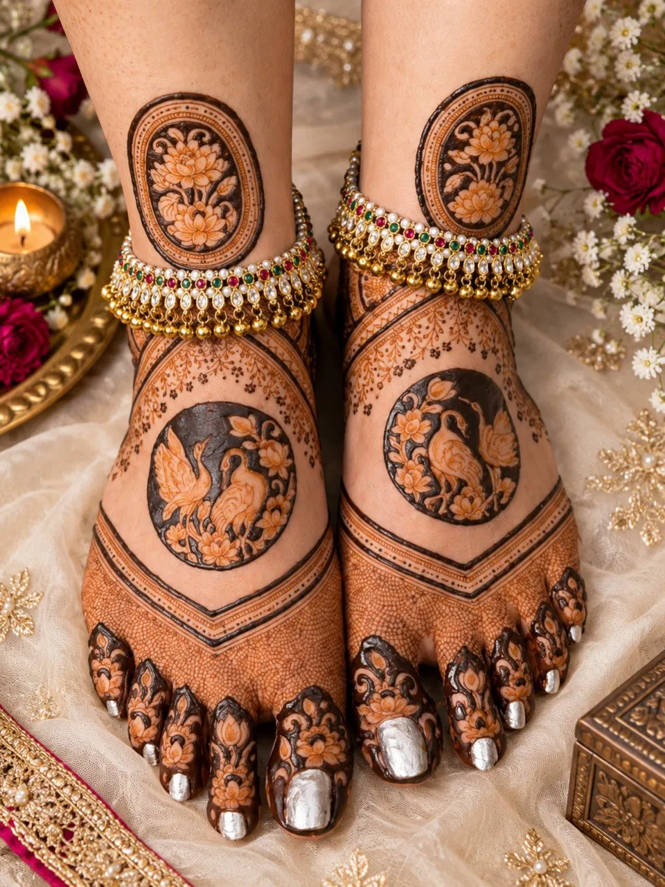Bridal Back Hand Mehndi Design with Figures and Moon