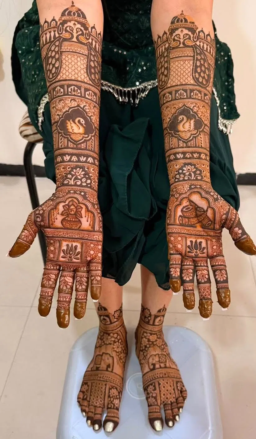 Bridal Indian Front Hand Mehndi Design with Figures and Peacock (2)