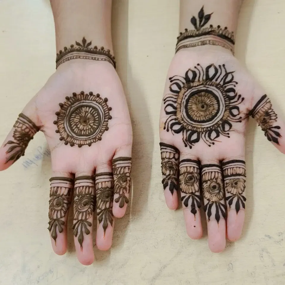 Simple Full Hand Mehndi Design with Gol Tikki and Jaal
