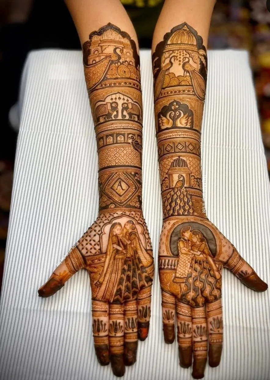 Bridal Indian Front Hand Mehndi Design with Deity, Figures and Peacock for Teej