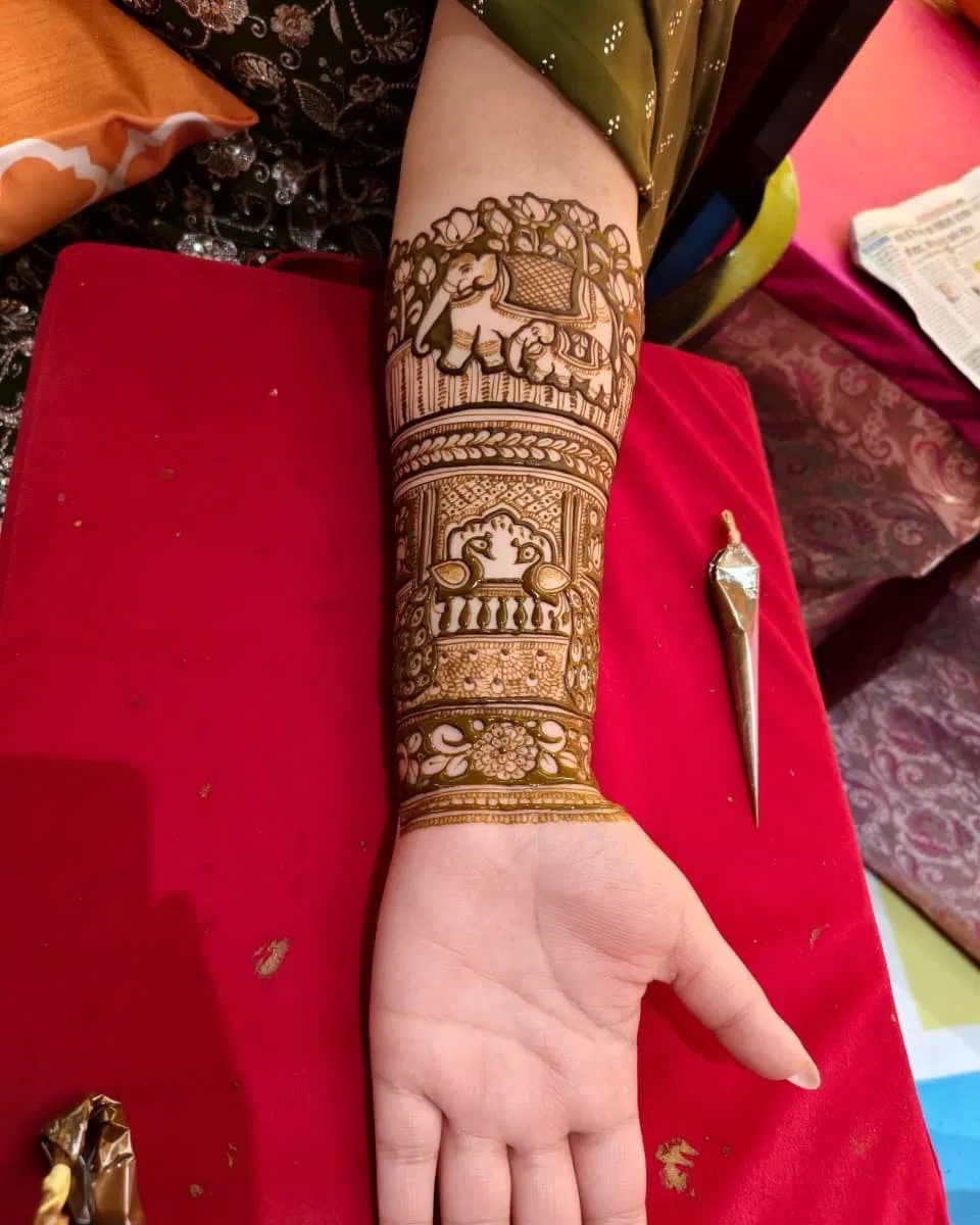 Bridal Full Hand Mehndi Design with Figures and Jaal
