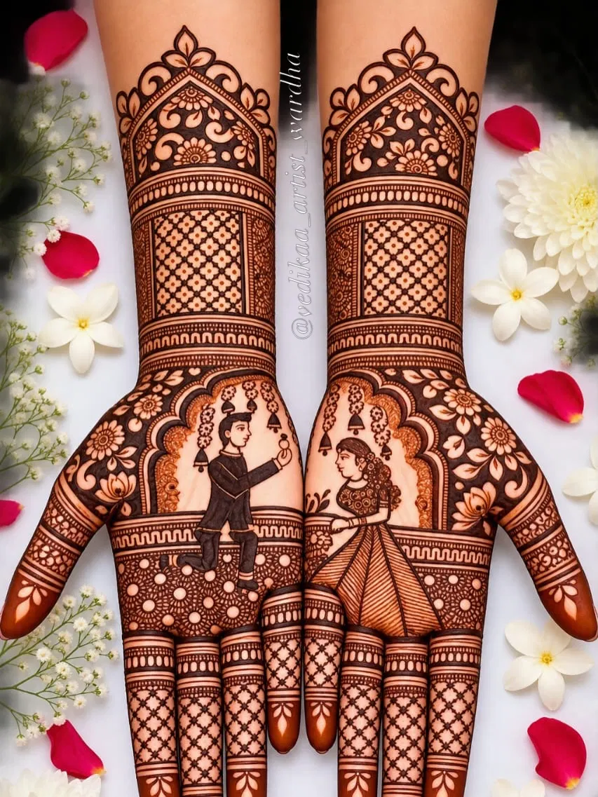 Bridal Back Hand Mehndi Design with Figures and Hearts for Engagement (5)