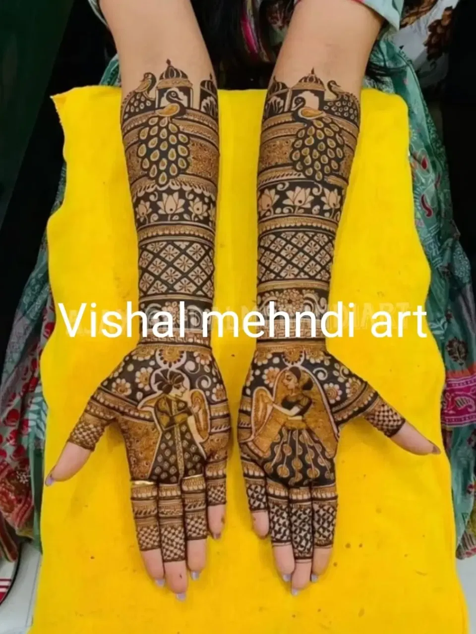 Bridal Mehndi Design with Figures and Peacock (2)