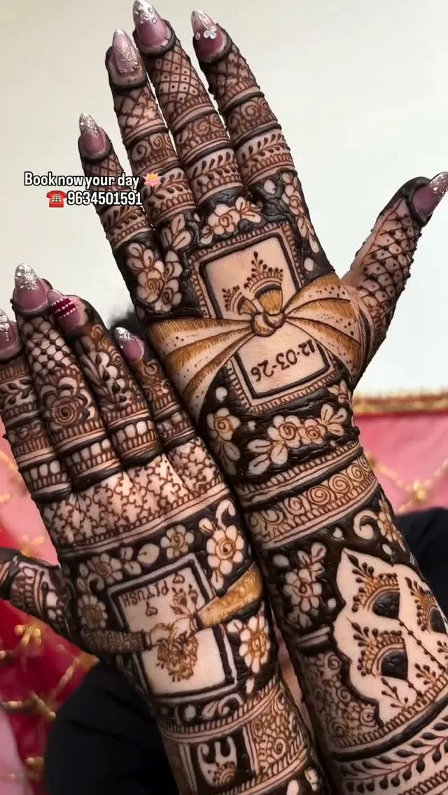 Bridal Front Hand Mehndi Design with Figures and Hearts for Karwa Chauth