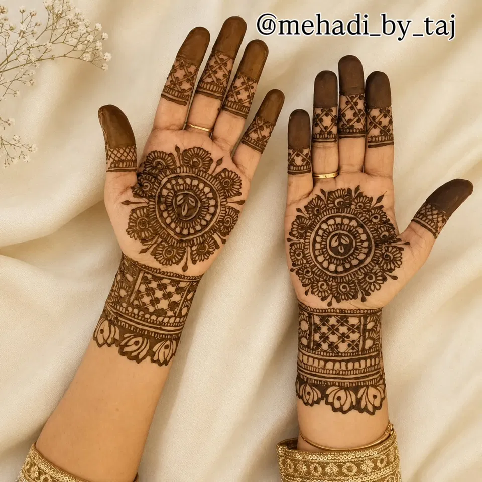Front Hand Mehndi Design with Gol Tikki and Jaal
