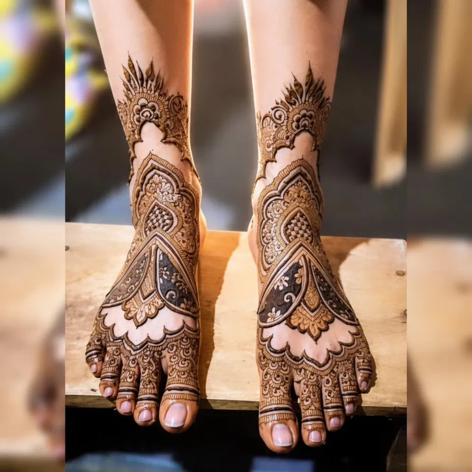 Bridal Foot Mehndi Design with Figures, Hearts and Jaal (2)