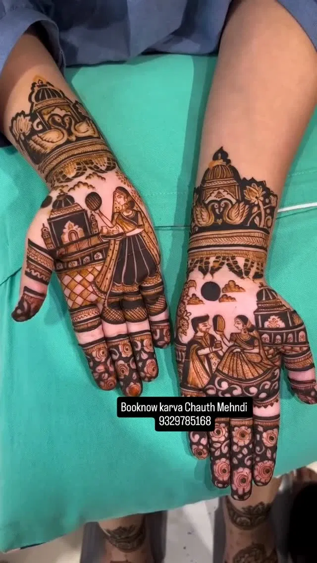 Front Hand Mehndi Design with Figures and Lotus