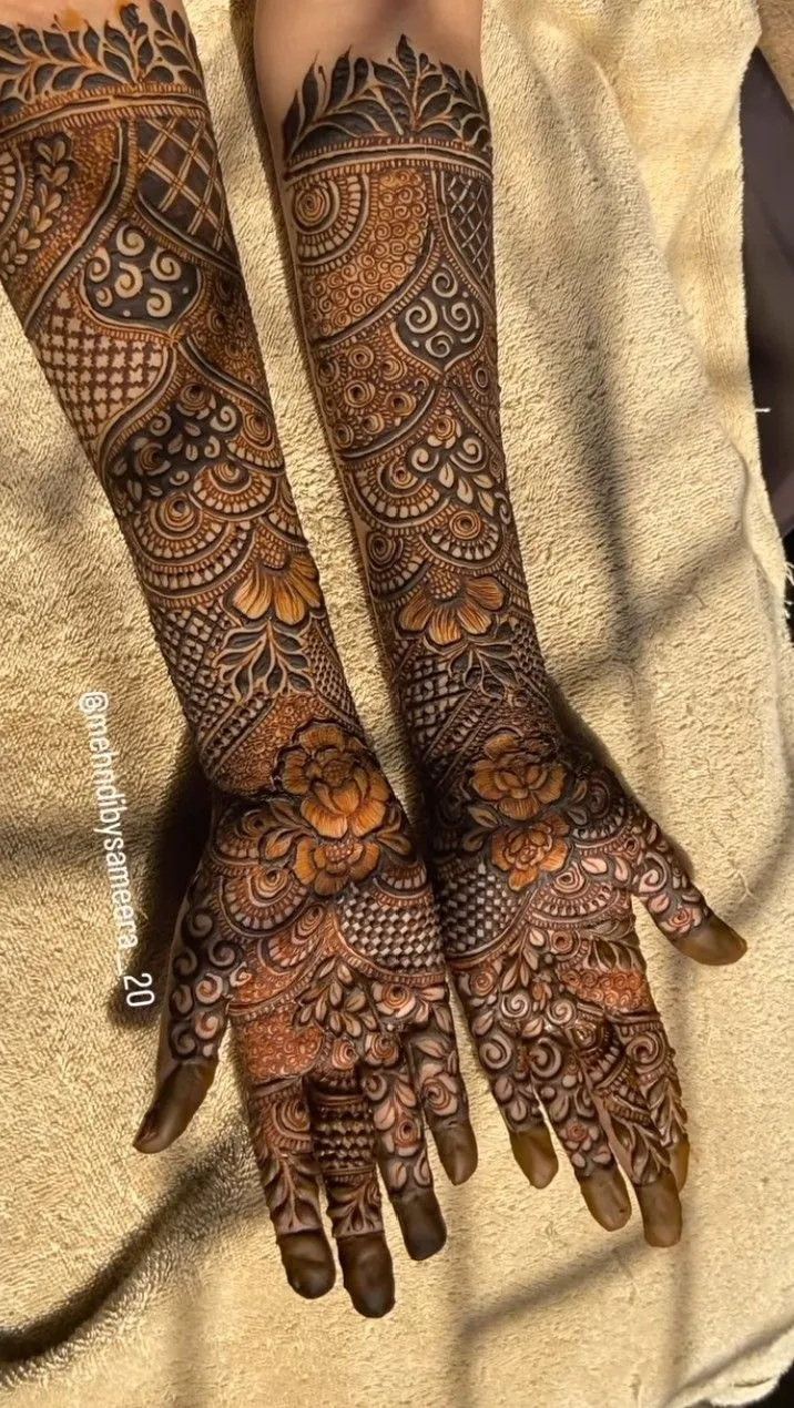 Aesthetic Arabic Arm Mehndi Design with Figures and Jaal for Engagement