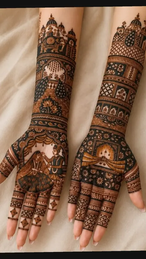 bridal indian deity back hand mehndi design