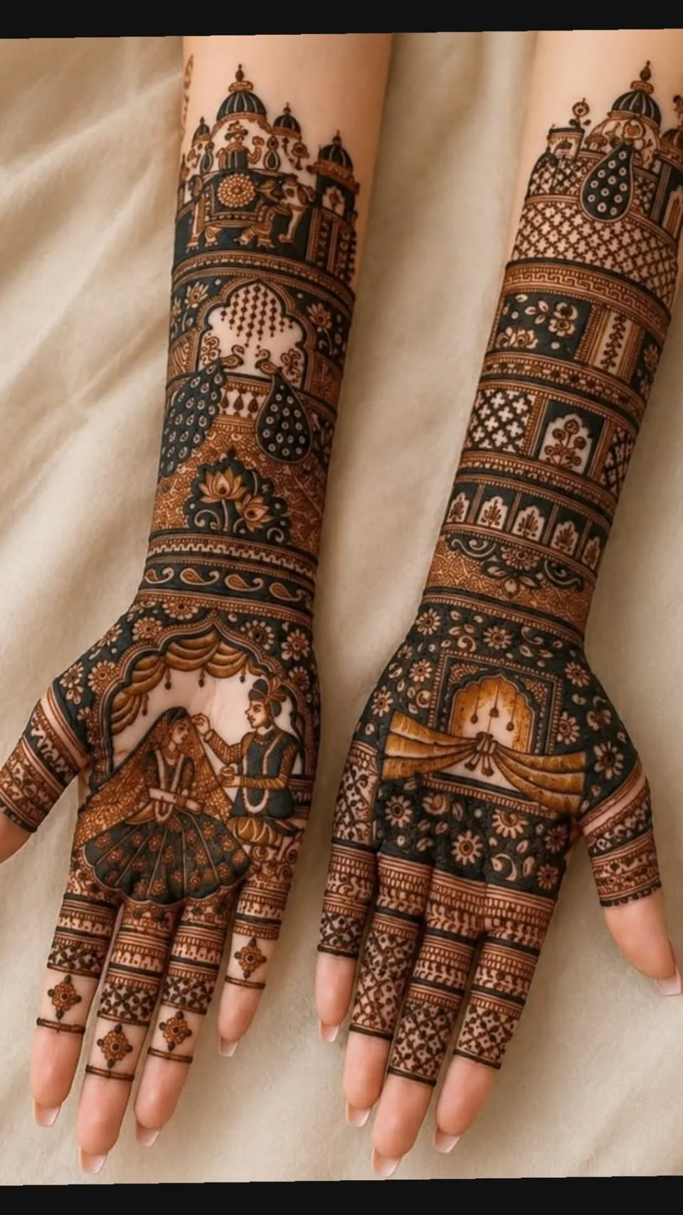 Bridal Indian Back Hand Mehndi Design with Deity and Figures for Karwa Chauth