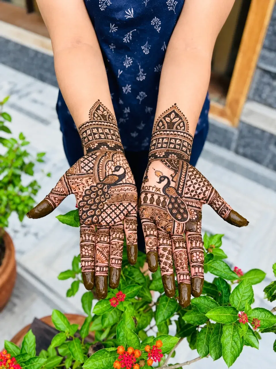 Aesthetic Front Hand Mehndi Design with Peacock