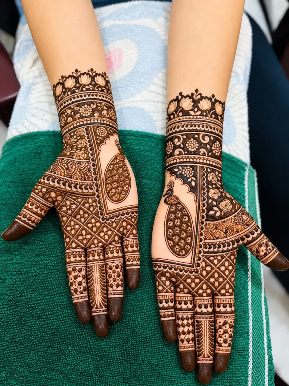 Aesthetic Front Hand Mehndi Design with Figures and Jaal