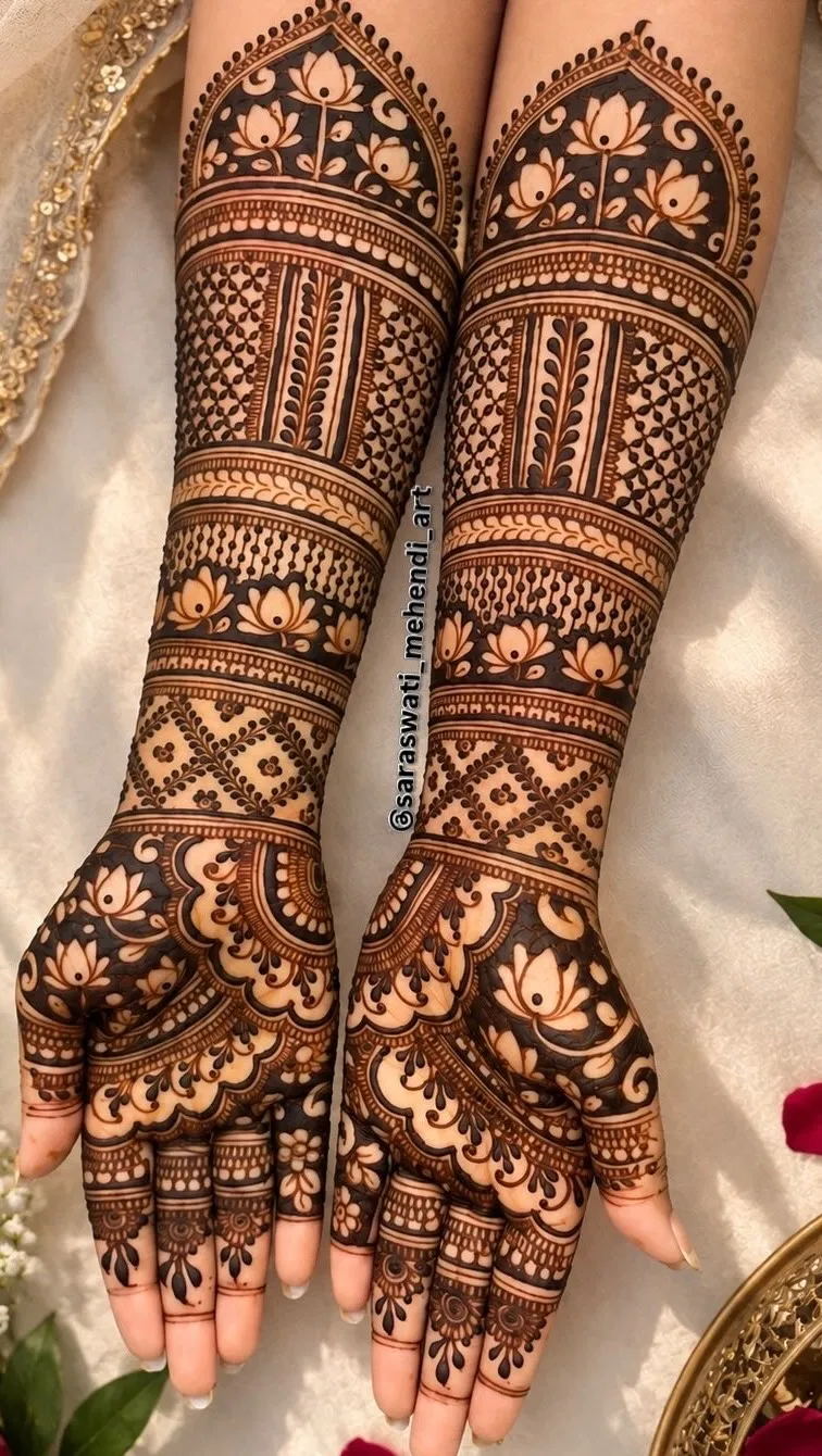 Back Hand Mehndi Design with Figures, Hearts and Lotus (2)