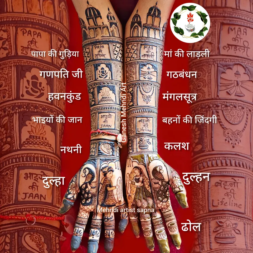 Bridal Mehndi Design with Figures and Hearts