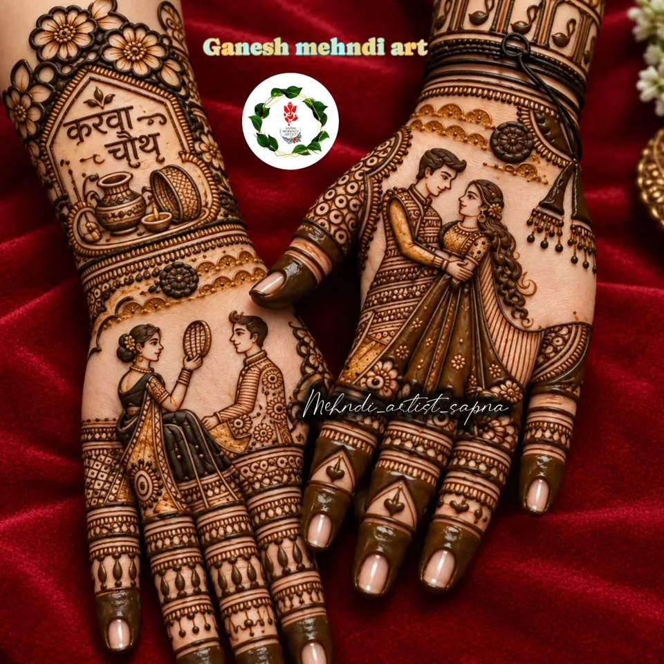 Simple Front Hand Mehndi Design with Figures and Hearts for Karwa Chauth