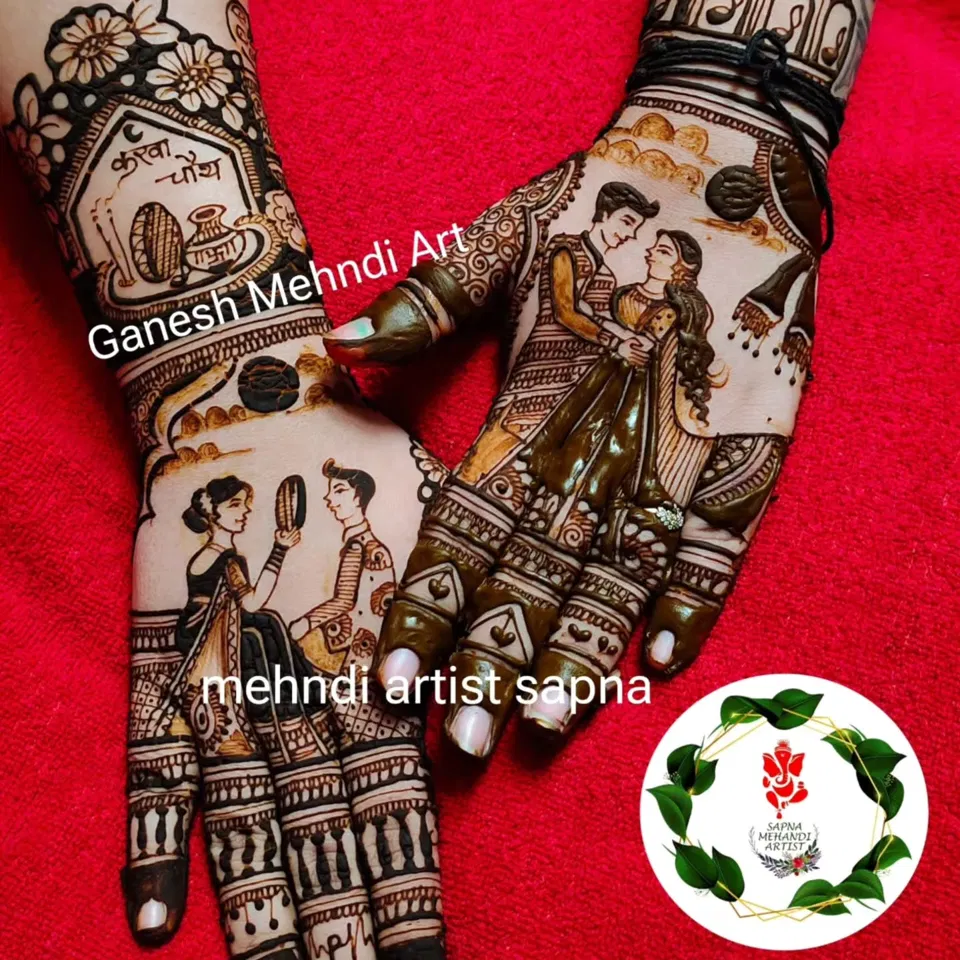 Heavy Mehndi Design with Figures and Hearts