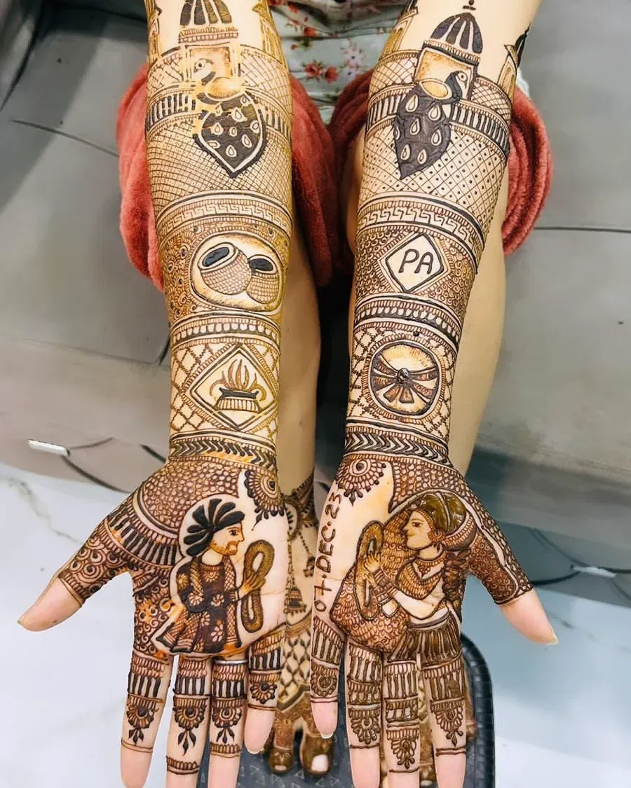 Front Hand Mehndi Design with Figures and Hearts