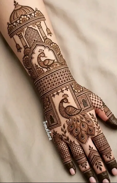 bridal indian peacock back hand mehndi design