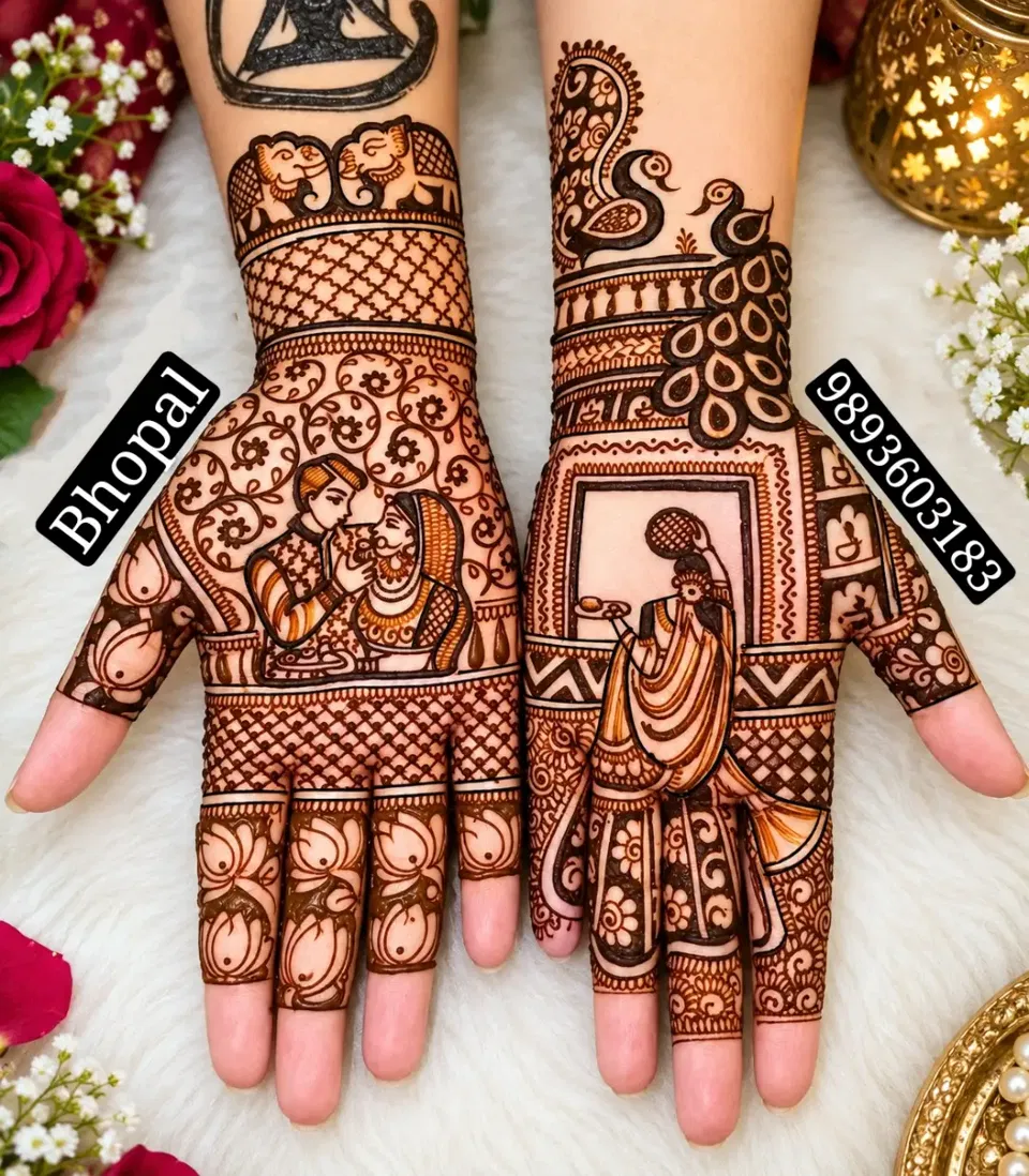 Mehndi Design with Figures, Hearts and Peacock for Karwa Chauth