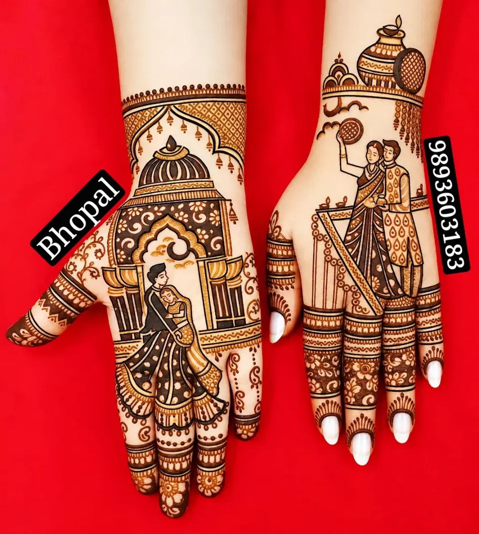 Mehndi Design with Figures and Hearts for Karwa Chauth (4)