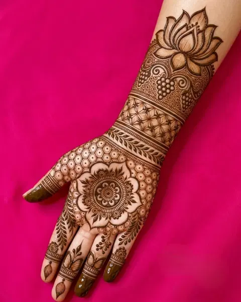 lotus full hand mehndi design