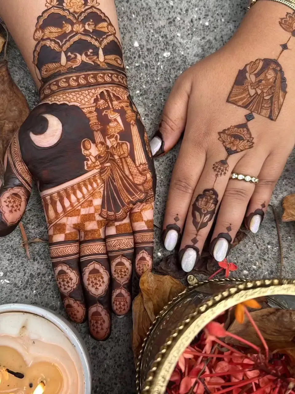Bridal Indian Front Hand Mehndi Design with Figures and Moon