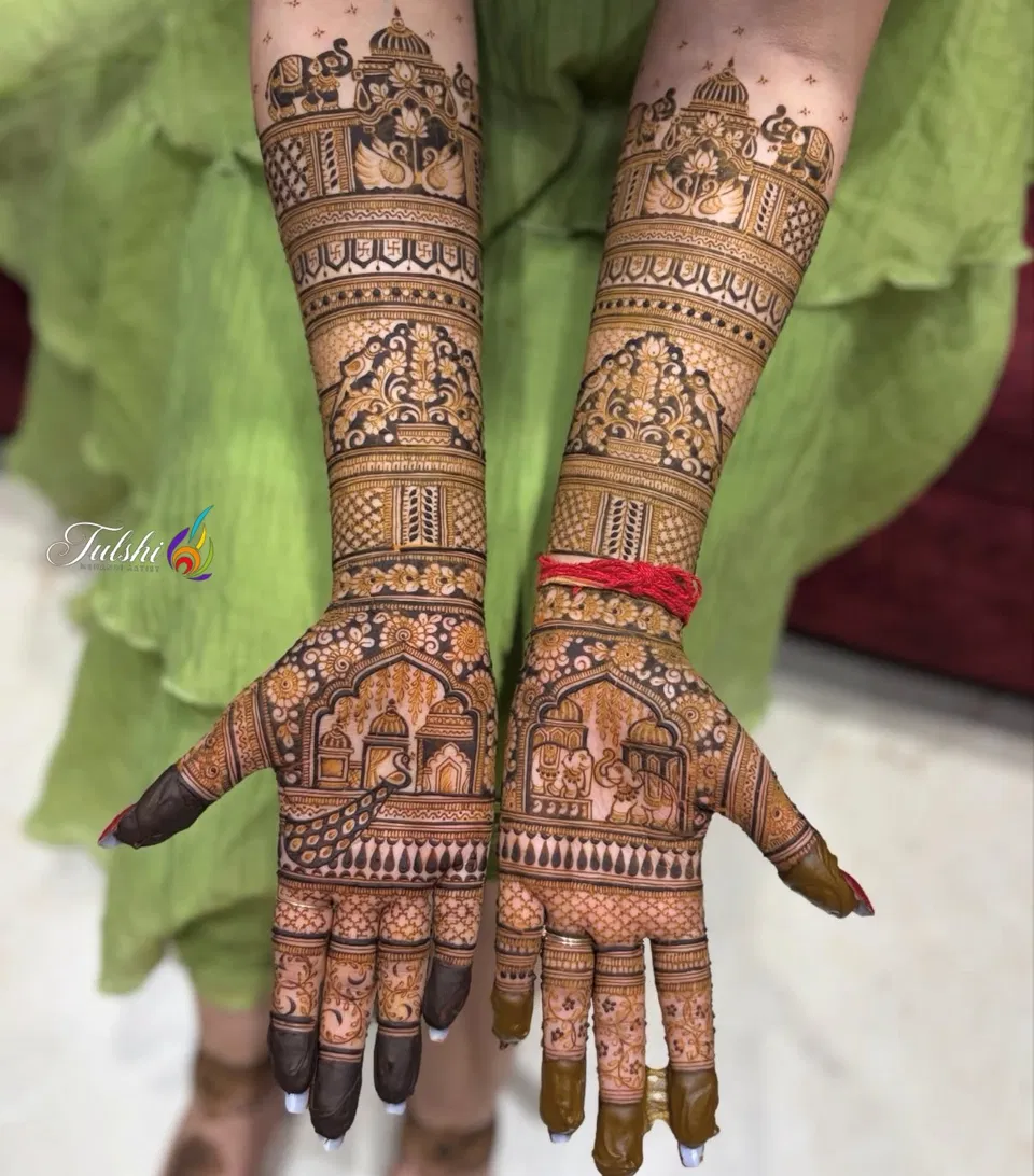 Bridal Full Hand Mehndi Design with Figures, Hearts and Peacock (2)