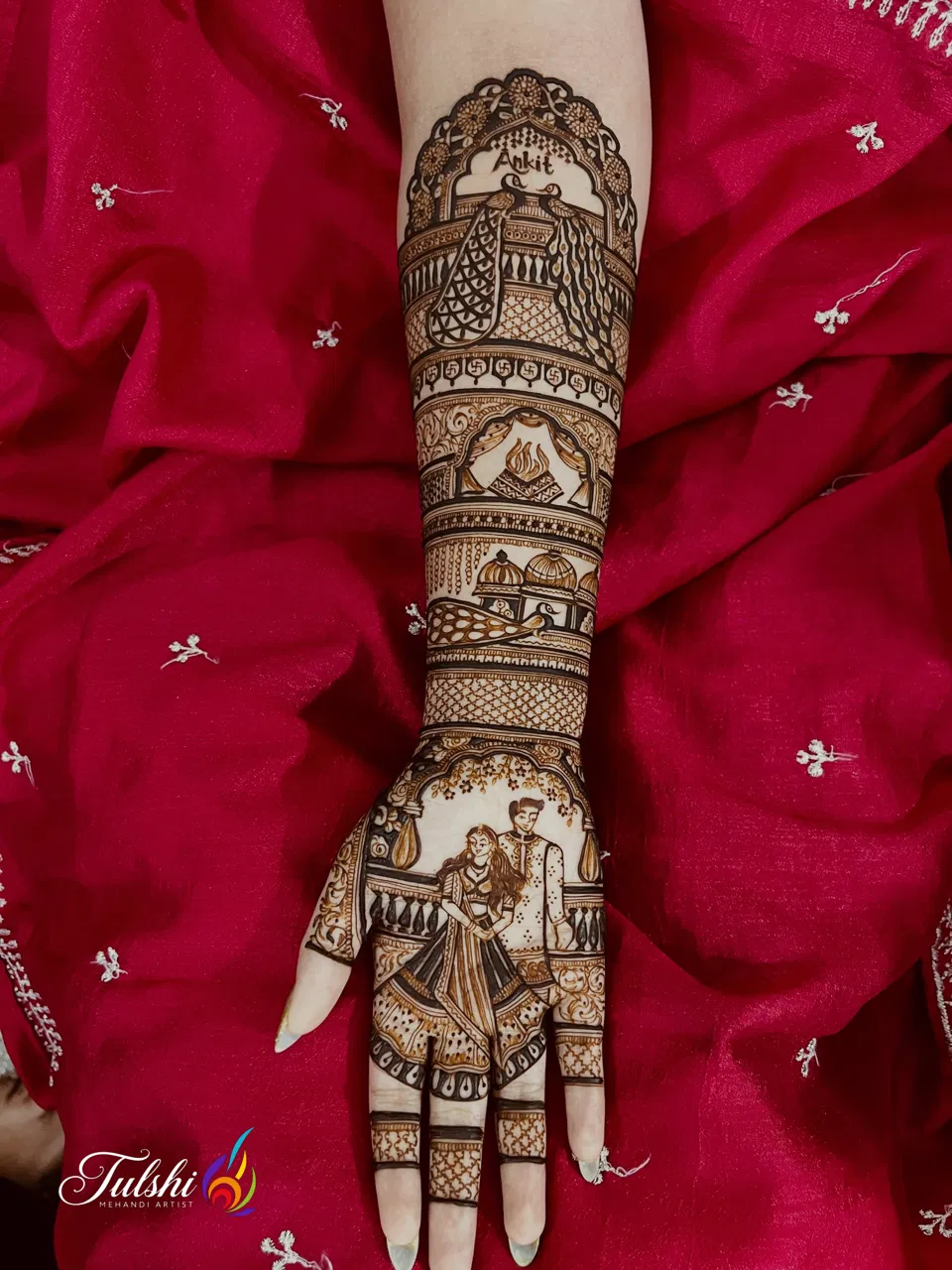 Bridal Back Hand Mehndi Design with Figures