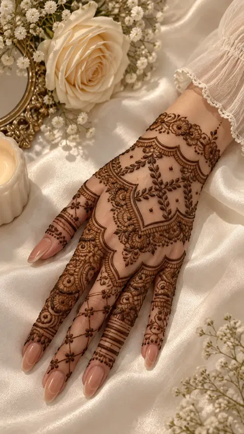 aesthetic moroccan flower full hand mehndi design