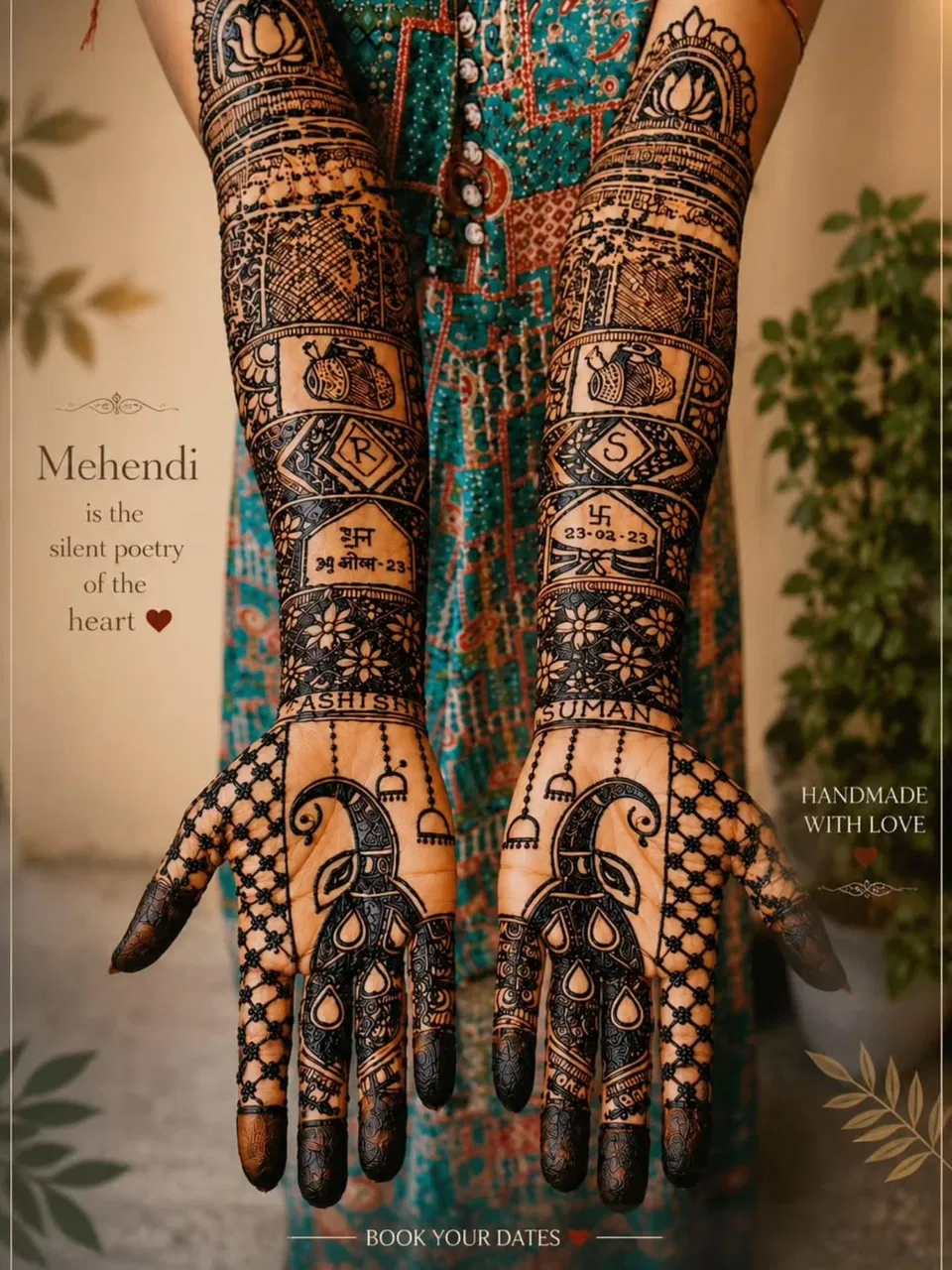Heavy Full Hand Mehndi Design with Figures, Hearts and Jaal