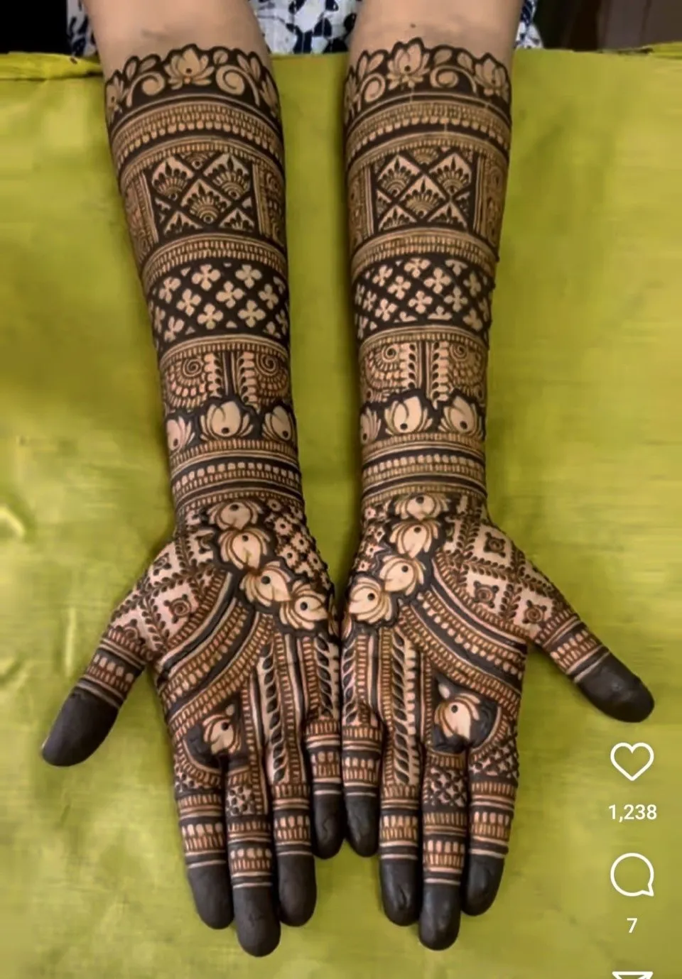 Bridal Indian Arm Mehndi Design with Figures and Hearts for Teej
