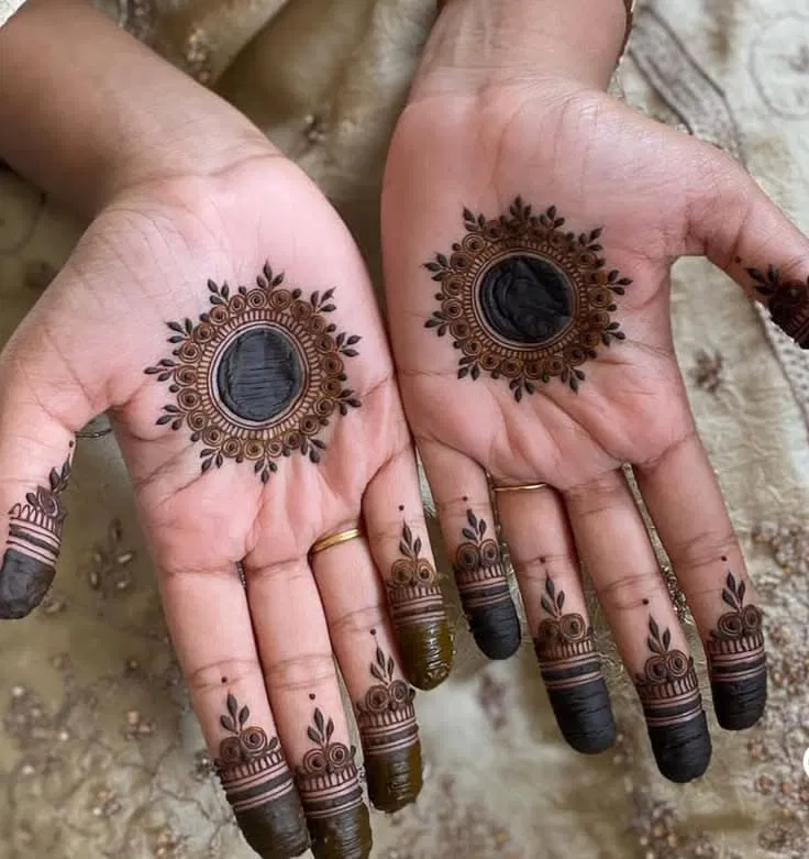 Simple Finger Mehndi Design with Gol Tikki, Flowers and Jaal