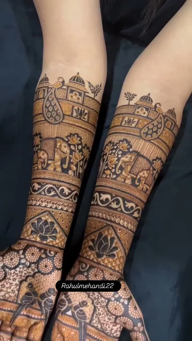 Bridal Full Hand Mehndi Design with Figures and Peacock (9)
