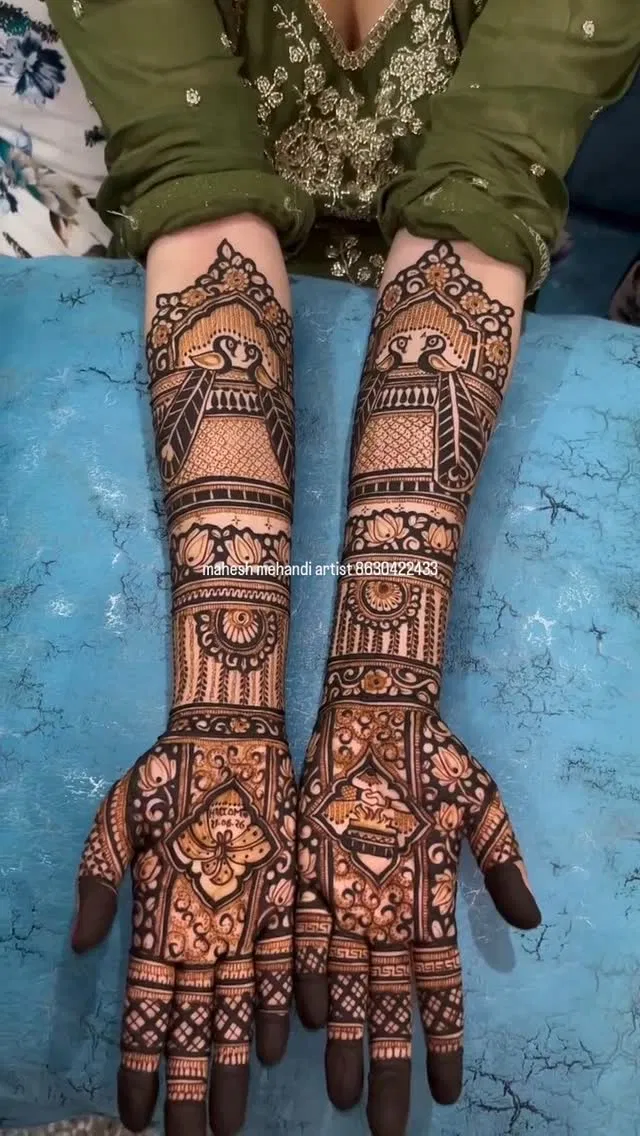 Bridal Full Hand Mehndi Design with Figures and Peacock (10)