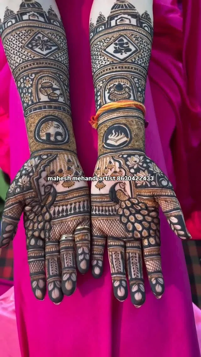 Bridal Mehndi Design with Figures and Peacock