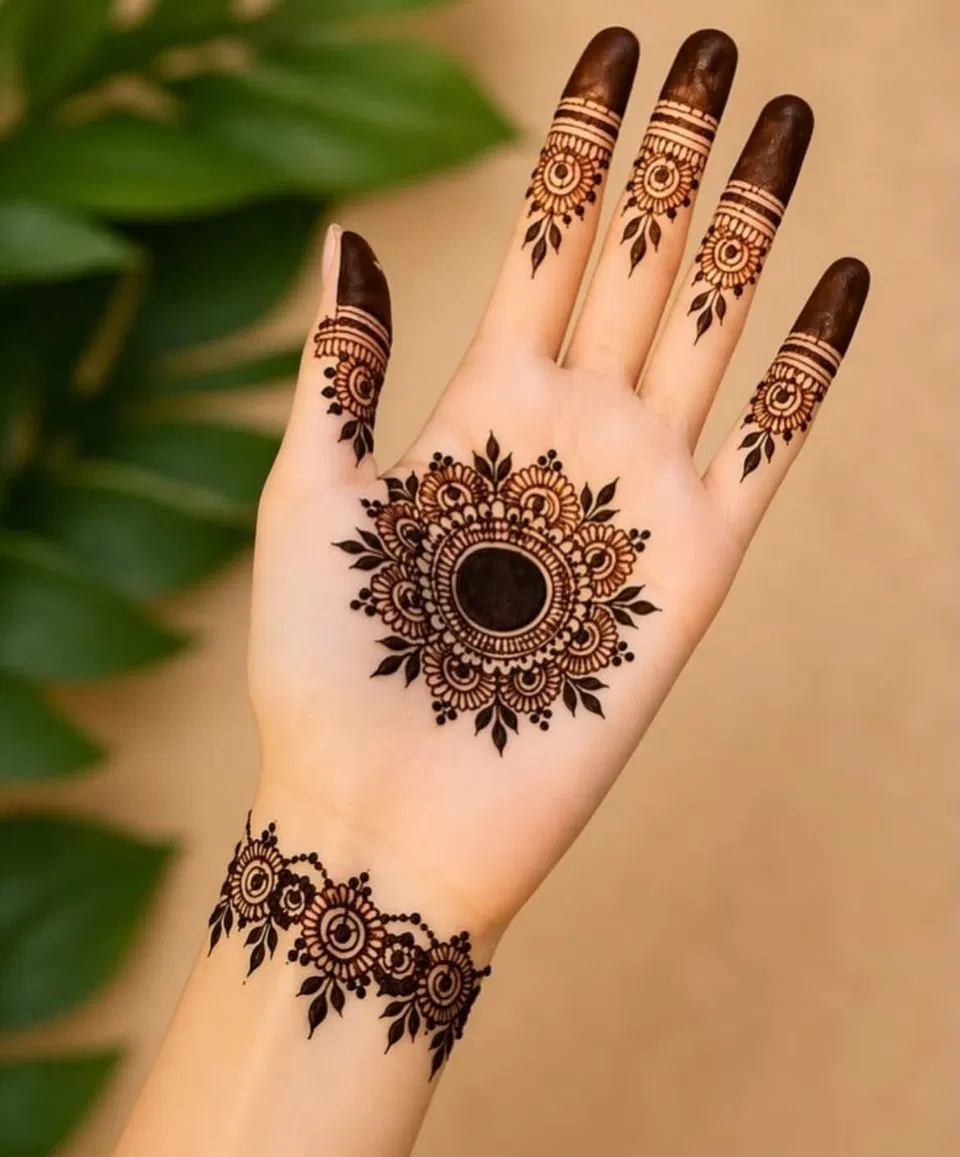Indian Simple Front Hand Mehndi Design with Gol Tikki and Jaal