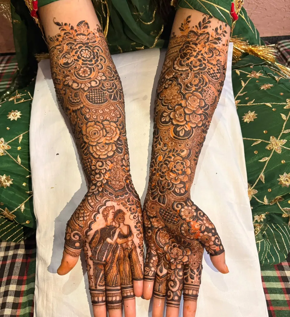 Bridal Pakistani Full Hand Mehndi Design with Figures and Flowers