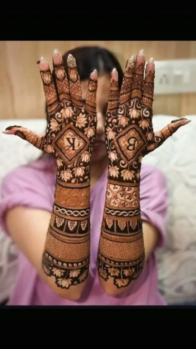 Aesthetic Full Hand Mehndi Design with Figures and Hearts