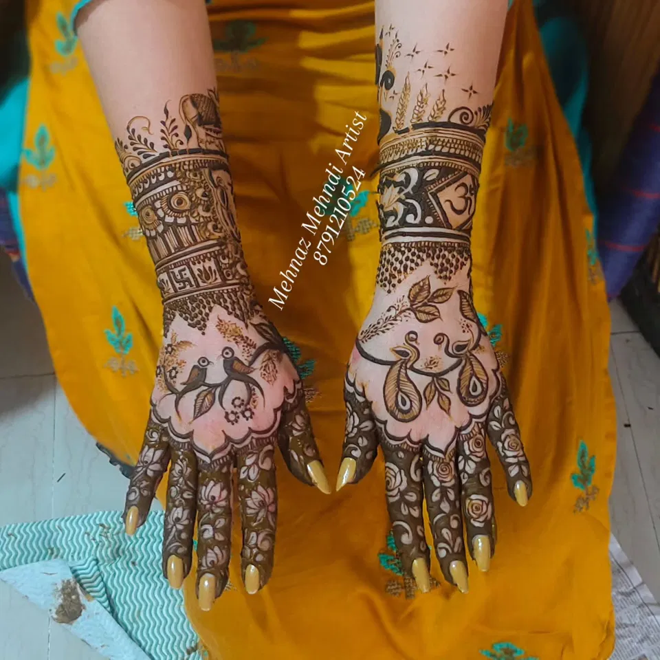 Full Hand Mehndi Design with Figures, Hearts and Jaal