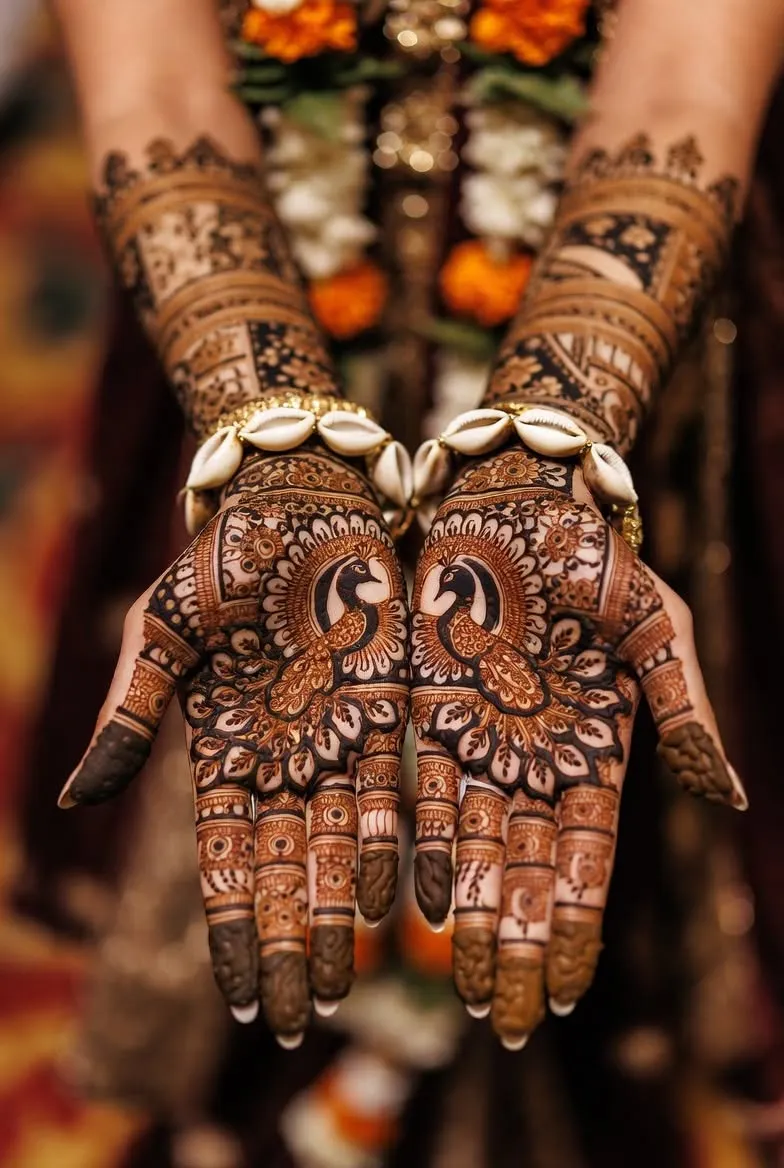 Easy Bridal Indian Finger Mehndi Design with Gol Tikki and Peacock