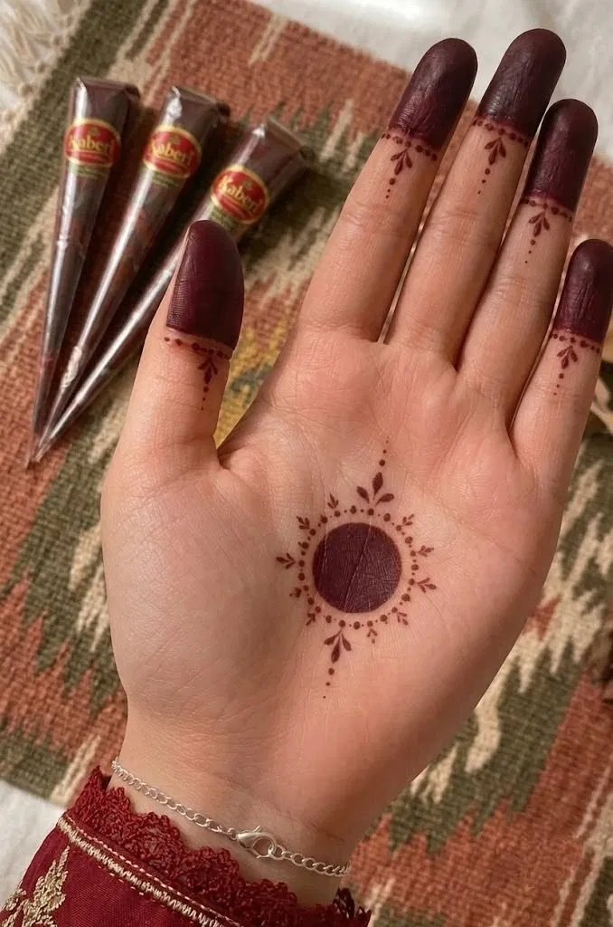 Aesthetic Arabic Finger Mehndi Design with Gol Tikki and Jaal for Raksha Bandhan
