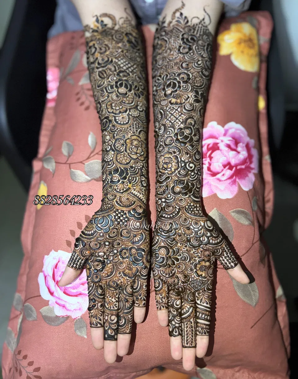 Bridal Full Hand Mehndi Design with Figures, Flowers and Hearts