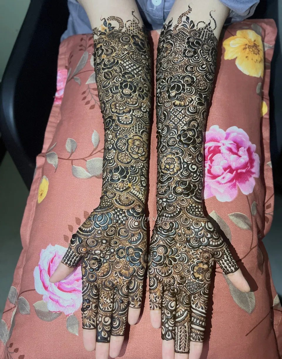 Bridal Full Hand Mehndi Design with Flowers