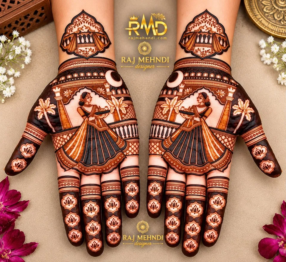 Heavy Mehndi Design with Figures and Hearts