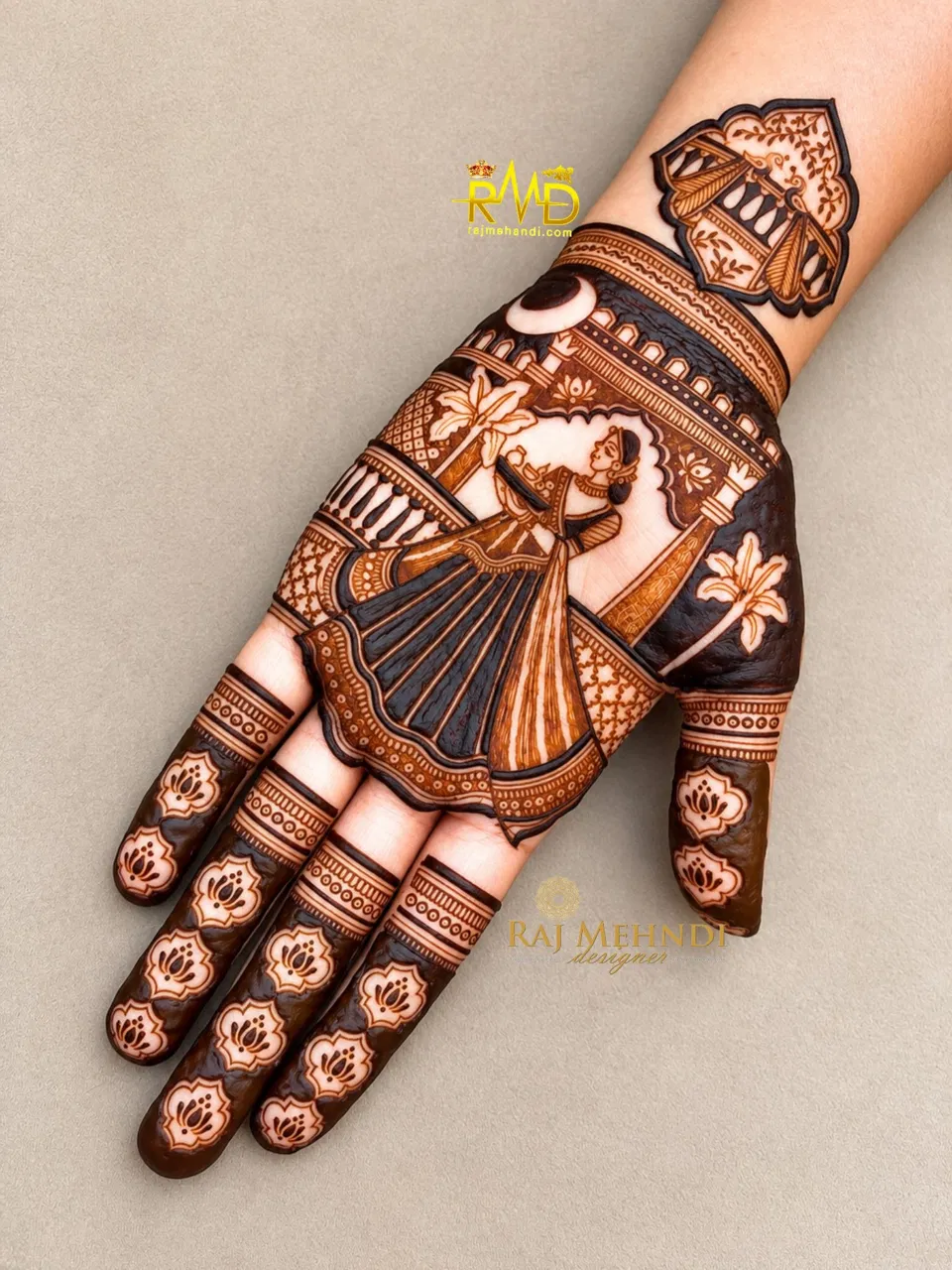 Bridal Back Hand Mehndi Design with Figures