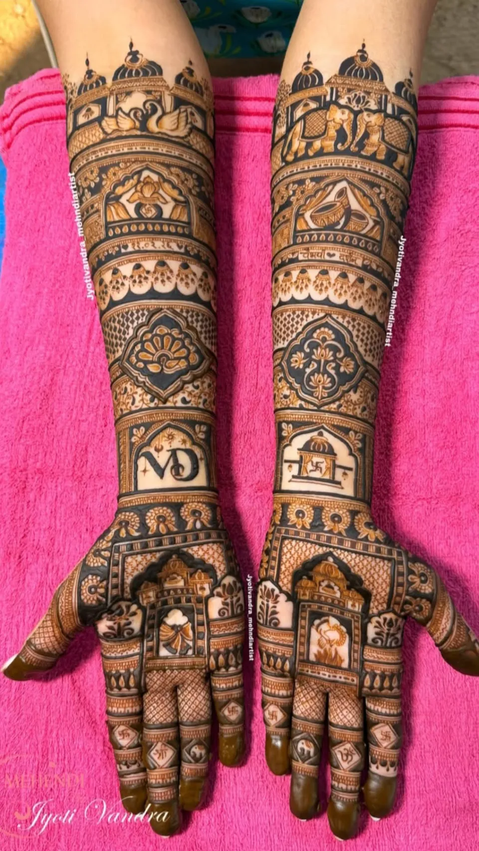 Aesthetic Bridal Back Hand Mehndi Design with Figures for Karwa Chauth