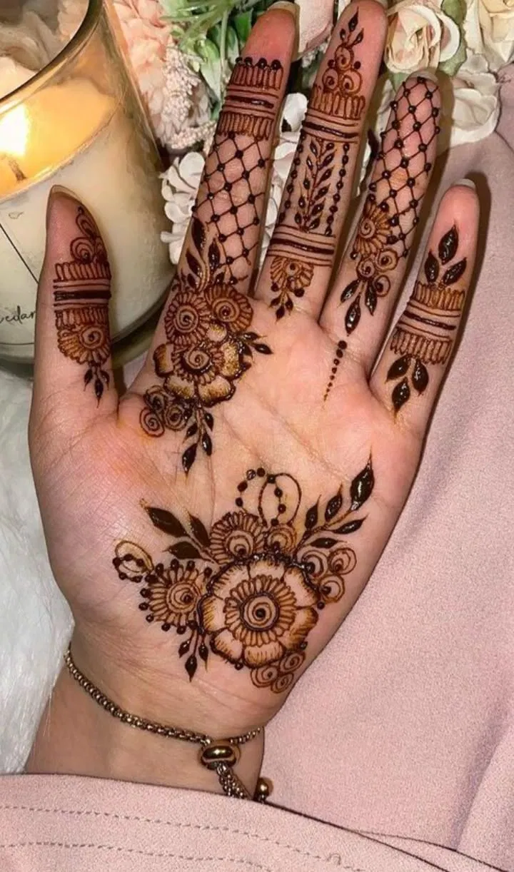Aesthetic Arabic Back Hand Mehndi Design with Gol Tikki and Flowers (31)
